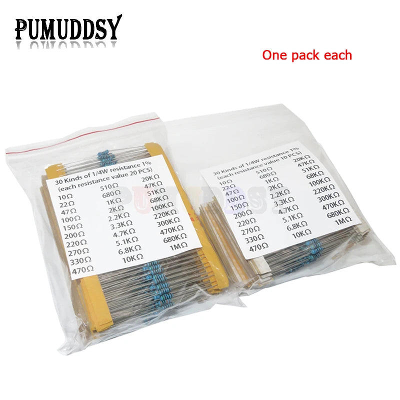 600pcs/set 30 Kinds 1/4W Resistance 1% Metal Film Resistor Pack Assorted Kit 1K 10K 100K 220ohm 1M Resistors 300pcs/set