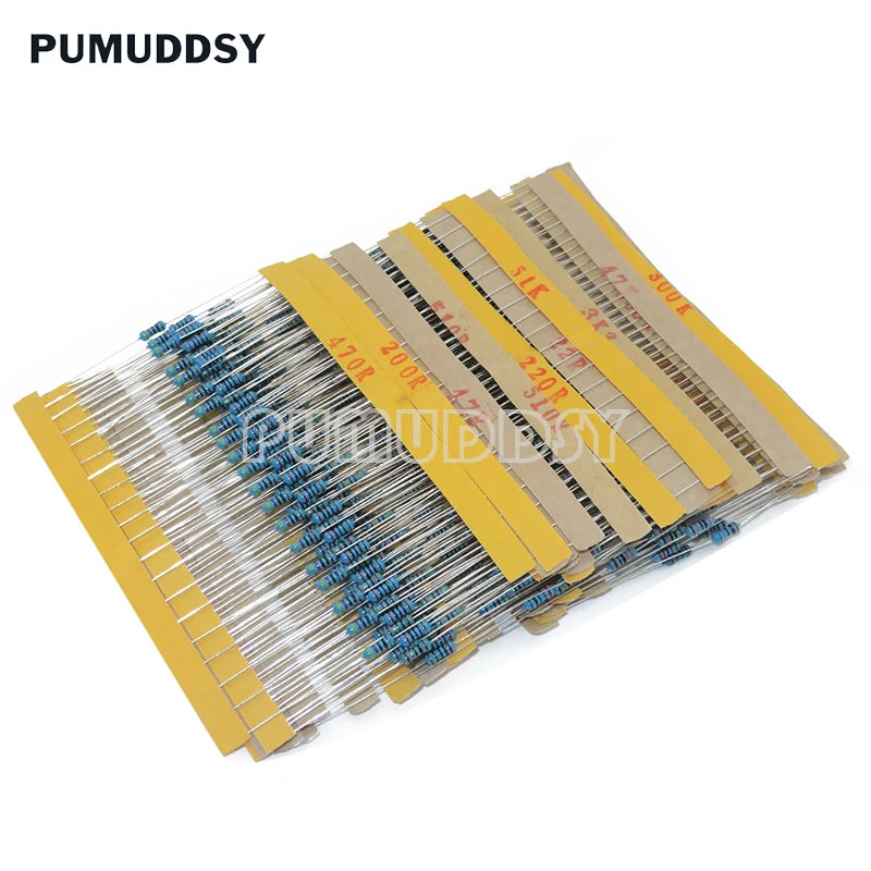 600pcs/set 30 Kinds 1/4W Resistance 1% Metal Film Resistor Pack Assorted Kit 1K 10K 100K 220ohm 1M Resistors 300pcs/set