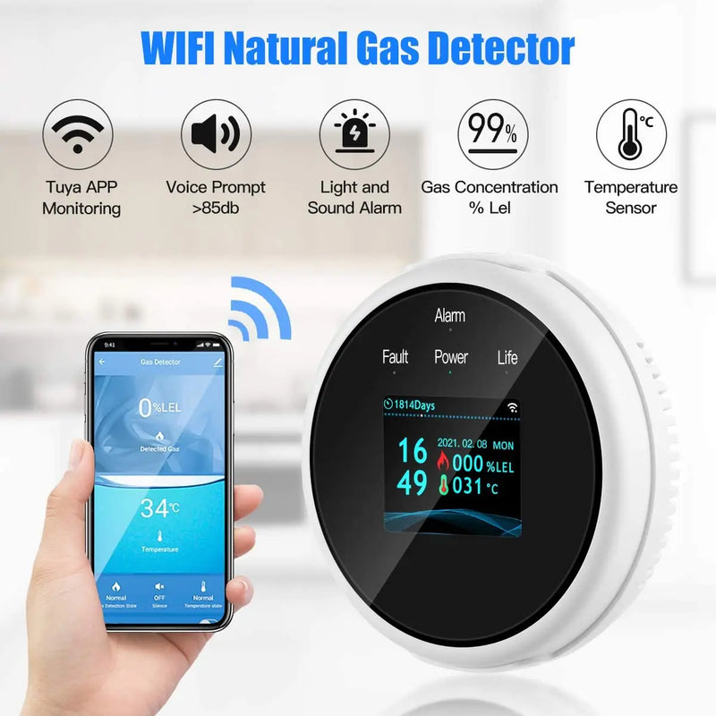 Hot Smart Life Tuya Wifi Gas Leak Sensor Led Display Screen Combustible Smart Home Smart LPG Gas Alarm Temperature Detector