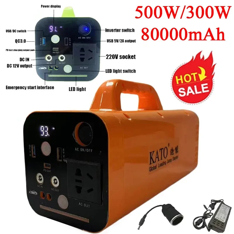 Portable Power Station 80000mAh 500W Generator Battery Outdoor Camping Charger Emergency Power Supply Power Bank AC DC Output