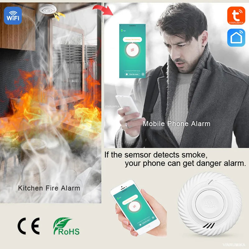 10 Year Battery WiFi Tuya And Multi Device Wireless Interlinked Smoke Detector 433MHz Connect Sensor Cover Home Fire Sound Alarm