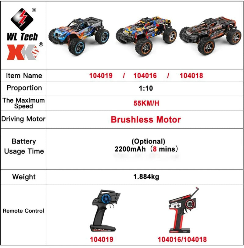 WLtoys 104018 104019 4WD Rc Car 1/10 2.4G Off Road Remote Racing Trucks 55KM/H Brushless Motor Drift Control Cars Toys for Kids