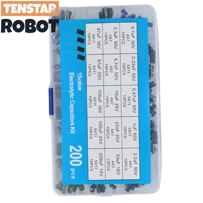 200pcs Radial Capacitors Set 15Values 10V 16V 25V 50V 0.1uF-220uF Electrolytic Capacitor Assortment Kit 0.22uf 2.2uf 100uf