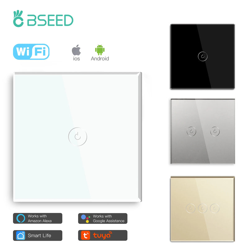 Bseed Wifi Smart Switch 1/2/3Gang 2Way Light Touch Switch Crystal Glass Panel Work With Tuya Google Alexa Smart Life