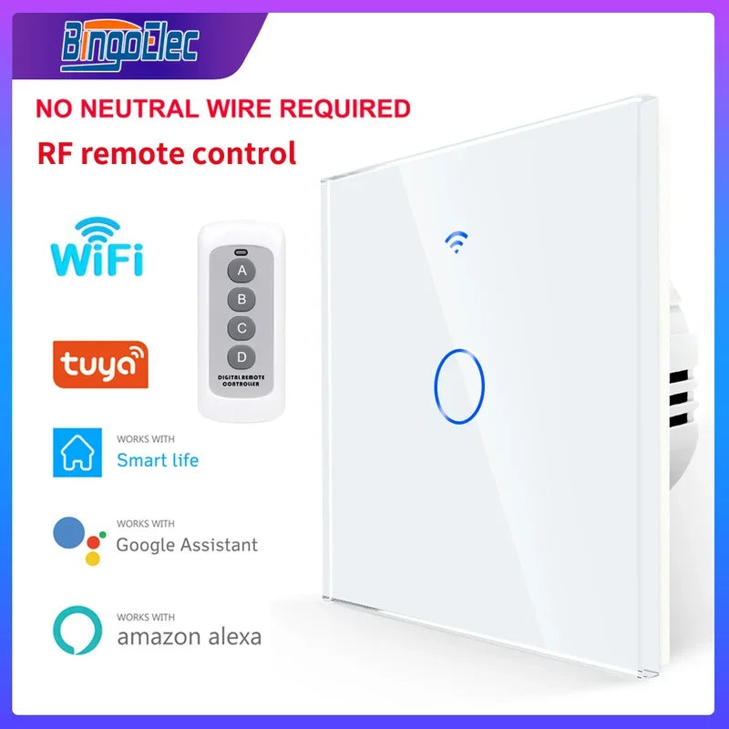 Smart Wifi Touch Switch No Neutral Wire Required Smart Home 1/2/3 Gang Remote Light Switch 220V Support Alexa Tuya App Bingoelec