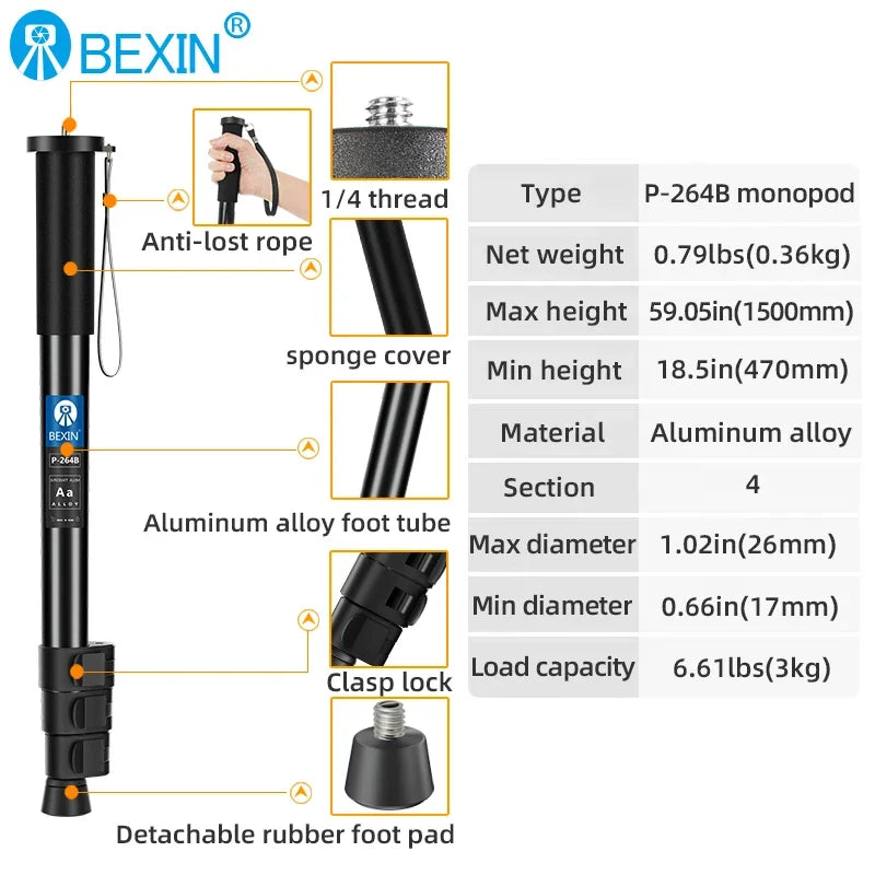 BEXIN Digital Camera Telescopic Handheld Monopod Lightweight Camera Mount Adapter Support Monopod For Nikon Sony Dslr Camera