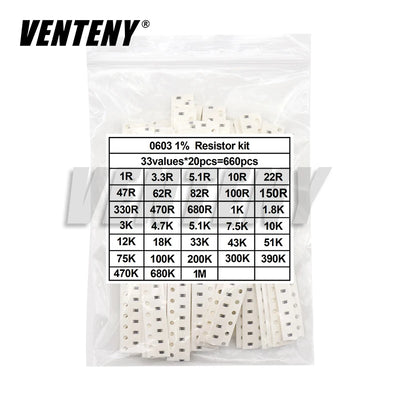 660pcs/Lot 0603 0805 1206 0402 0201 1% SMD Chip Resistor Assorted Kit 1R - 1M ohm 33valuesX20pcs Resistance Sample Set