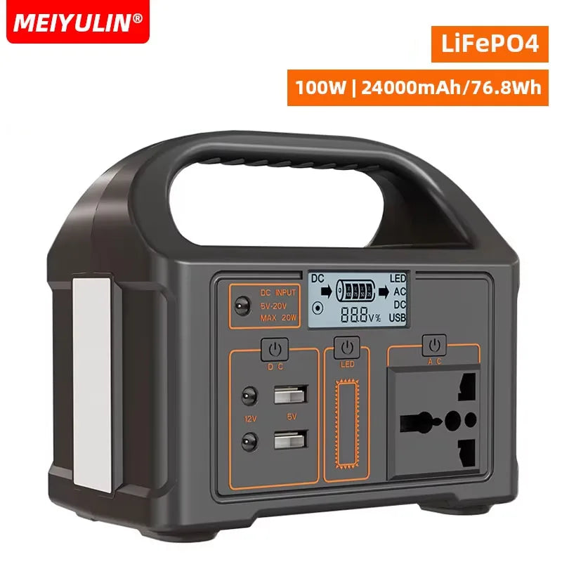 100W Portable LiFePO4 Power Station 24000mAh Solar Generator 220V USB AC DC External Spare Battery Powerbank for Outdoor Camping