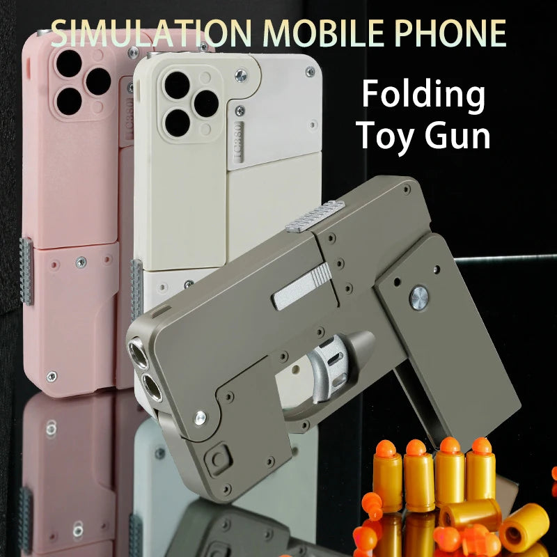 Outdoor Adult Interactive Kid Gift Folding Pistol Bullet Automatic Pop Up Creative Soft Bullet Toy Mobile Phone Appearance Gun