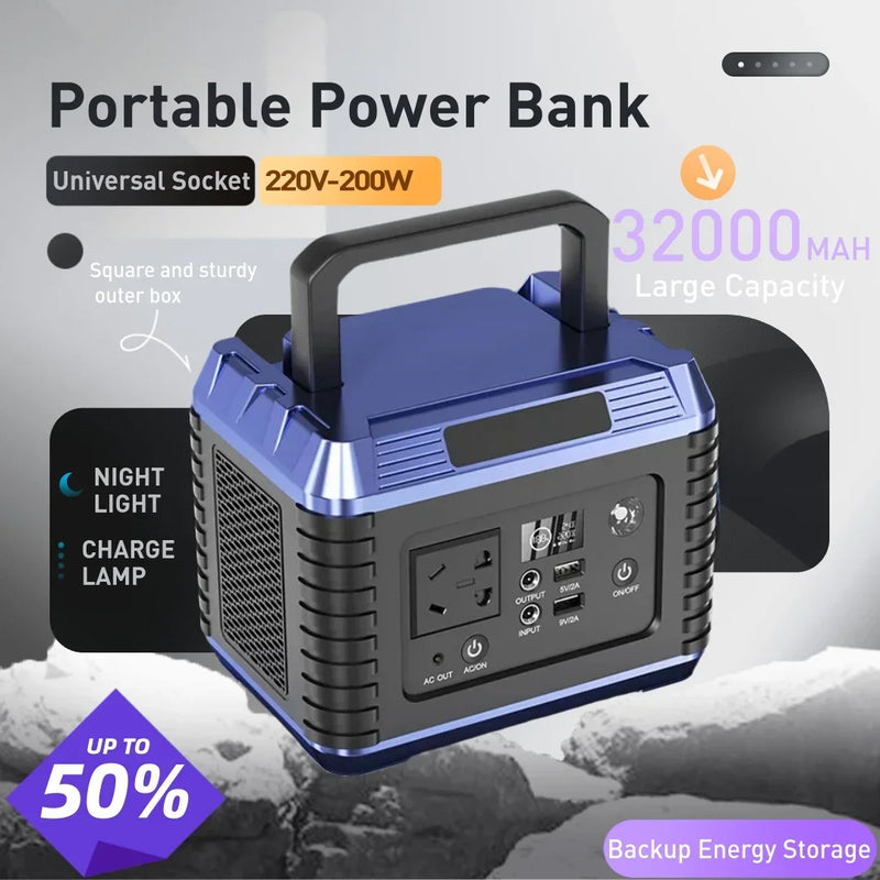 New 32000MAh 200W Portable Power Station Ternary Lithium Battery 220V Energy Storage Power Supply Camping RV Multi-function USB