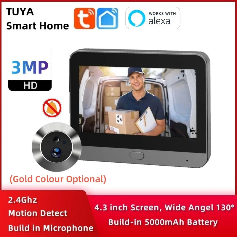 Home Smart Tuay Wireless Wifi Peephole Video Door Camera 3MP One Way Audio Security  Door Eye With Camera For Apartment