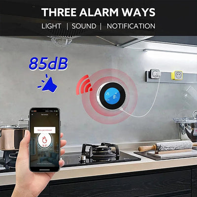 WiFi Tuya App Function Kitchen Natural Gas Leak Alarm Sensor Temperature LCD Digital Display Sound Siren Combustible Detector