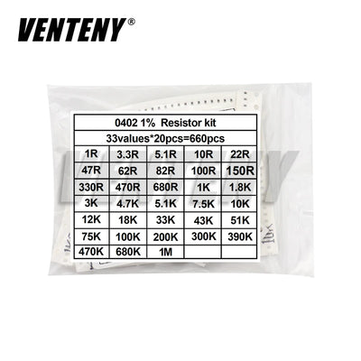 660pcs/Lot 0603 0805 1206 0402 0201 1% SMD Chip Resistor Assorted Kit 1R - 1M ohm 33valuesX20pcs Resistance Sample Set