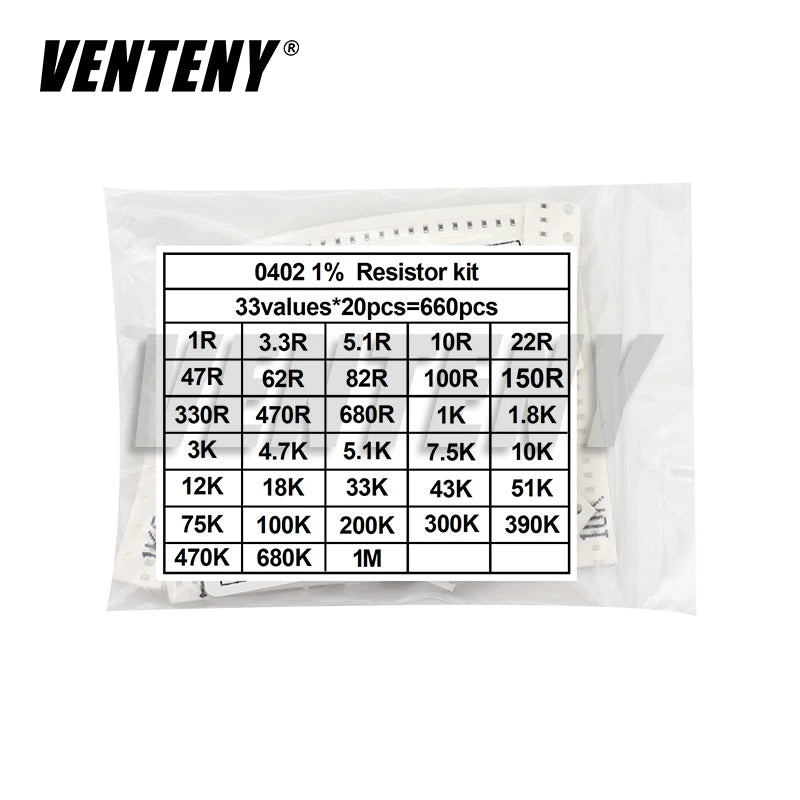 660pcs/Lot 0603 0805 1206 0402 0201 1% SMD Chip Resistor Assorted Kit 1R - 1M ohm 33valuesX20pcs Resistance Sample Set