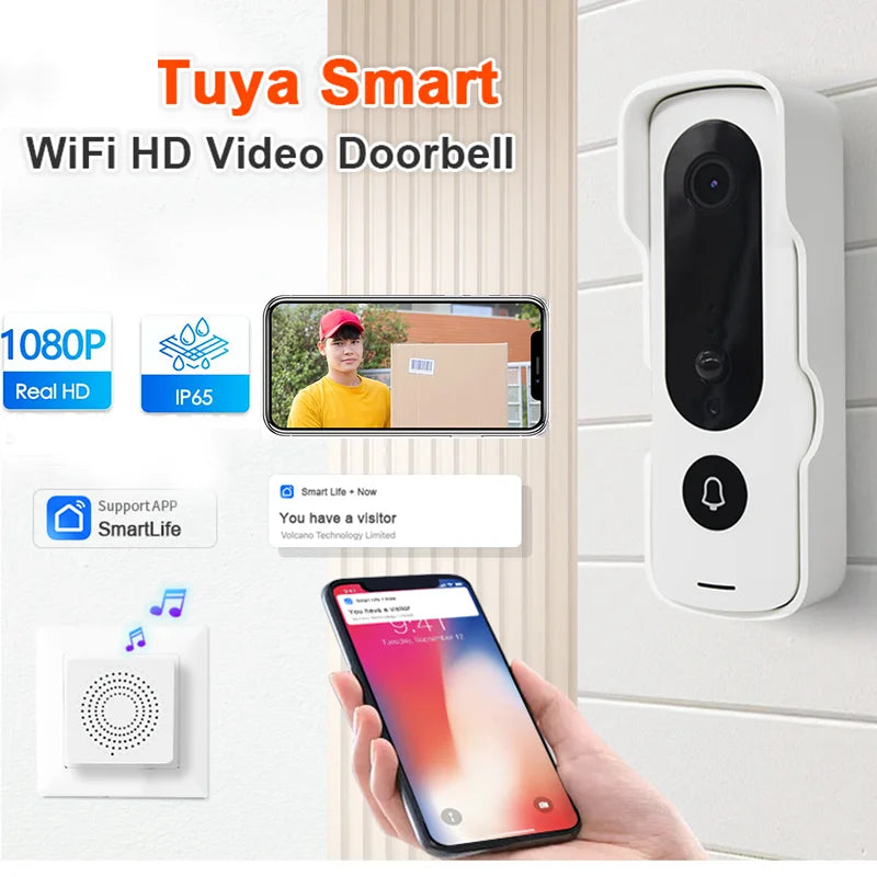 Tuya Video Doorbell WiFi Wireless Door Bell Camera 1080P HD Security Camera Intercom Smart Home Security Protection with Battery