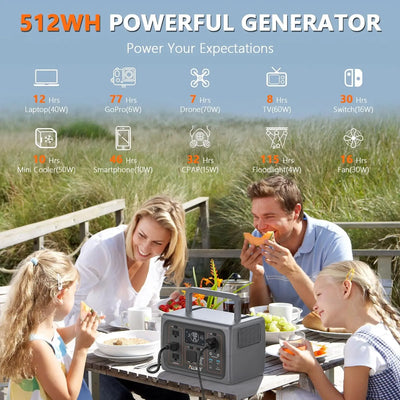 Portable Power Station 500W, 512Wh LiFePO4 Battery, UPS Function, 2.5Hrs Fast Charge, 3 AC Outlets(Surge 1000W)