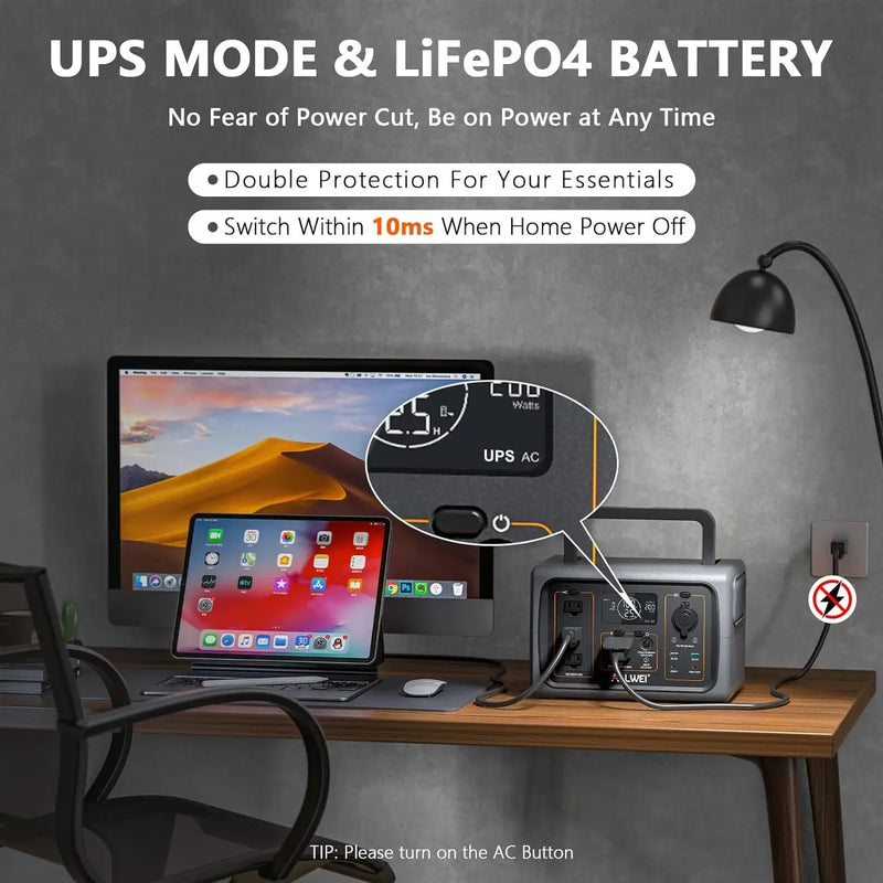 Portable Power Station 500W, 512Wh LiFePO4 Battery, UPS Function, 2.5Hrs Fast Charge, 3 AC Outlets(Surge 1000W)