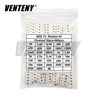 660pcs/Lot 0603 0805 1206 0402 0201 1% SMD Chip Resistor Assorted Kit 1R - 1M ohm 33valuesX20pcs Resistance Sample Set