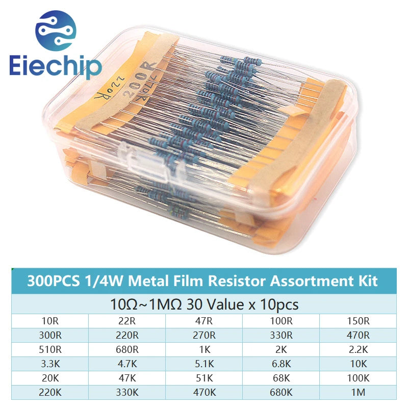 300/600pcs 1/4w Metal Film Resistor 30 Values Resistance Kit 10R-1M 0.25W 1% Resistors Set