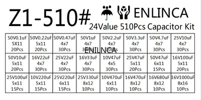 510Pcs/lot 0.1UF-1000UF 24Values Aluminum Electrolytic Capacitors 16-50V mix Electrolytic capacitor Assorted kit and storage box