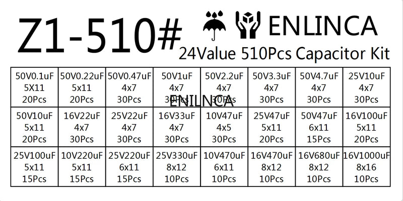 510Pcs/lot 0.1UF-1000UF 24Values Aluminum Electrolytic Capacitors 16-50V mix Electrolytic capacitor Assorted kit and storage box