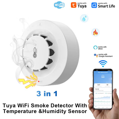 Tuya Wifi BT Two Connection Smoke Detector Temperature Humidity Measurement Device 80dB Sound Alarm Remote Push Alert Function