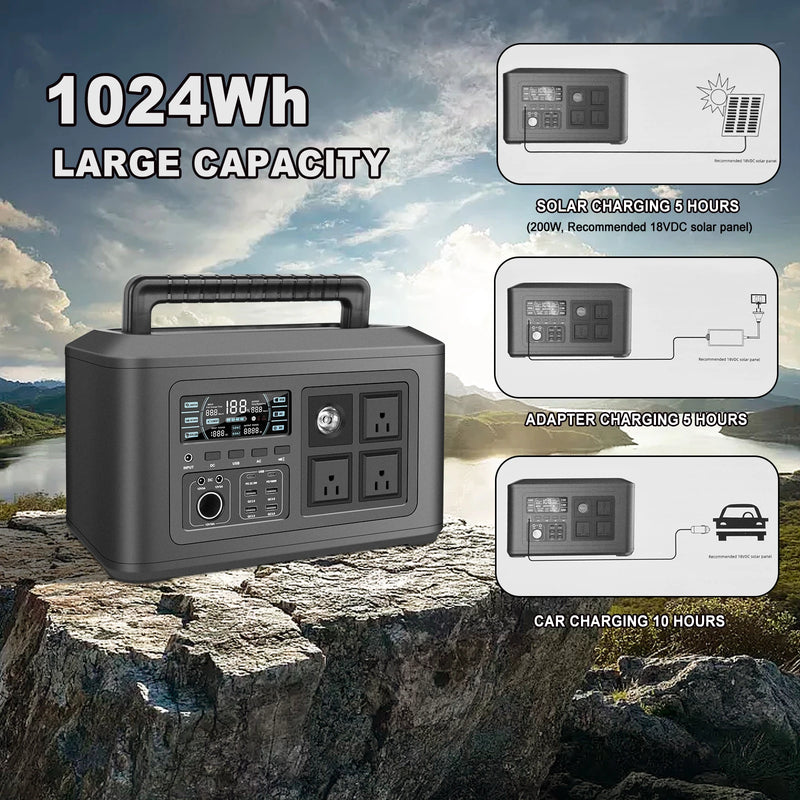 Portable Power Station 1000Wh With LiFePO4 Battery 1024Wh Solar Powered Outdoor Generator Battery Power Supply Home Emergency