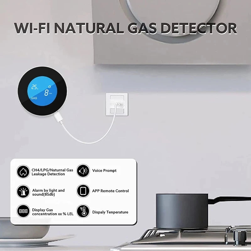 WiFi Tuya App Function Kitchen Natural Gas Leak Alarm Sensor Temperature LCD Digital Display Sound Siren Combustible Detector