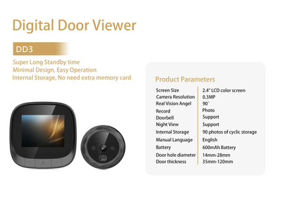 DD3 Peephole Viewer Home Smart Doorbell Security Door video Doorbell Peephole 2.4-inch  TFT LCD Infrared Smart Doorbell Camera