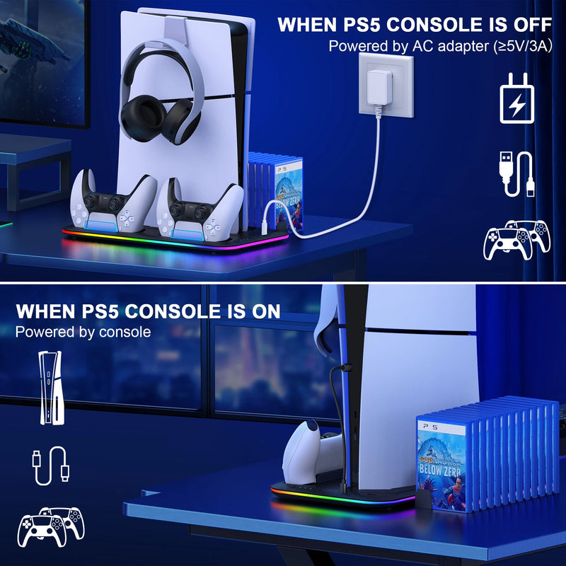 Dinofire Gaming Accessories For PS5 Slim Stand PS5 RGB Cooling Station with Cooling Fan Dual Controller Charger For Playstation5