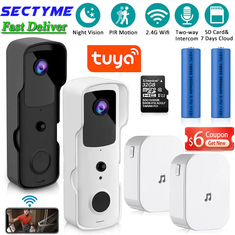 Sectyme New 1080P Tuya Smart Home Video Doorbell Camera Wireless Waterproof WiFi Door Bell PIR Night Vision Security Protection