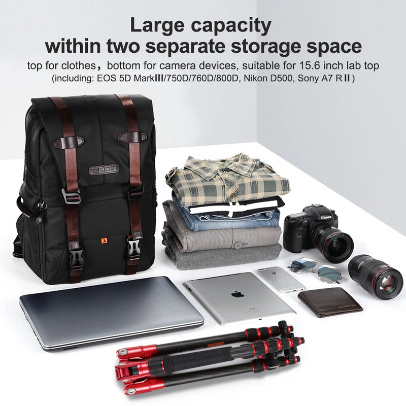 K&F CONCEPT Camera Backpack Photography Backpack with Rainproof Cover Tripod Catch Straps for 15.6in Laptop And SLR DSLR