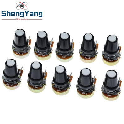 5Set  WH148 1K 10K 20K 50K 100K 500K Ohm 15mm 3 Pin Linear Taper Rotary Potentiometer Resistor for Arduino with AG2 White Cap