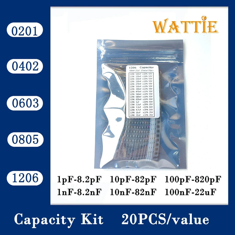 Capacitor kit 0201 0402 0603 0805 1206  smd Capacity package each value*20PCS Sample Kit Capacitor 470nf 1nf 10nf 1uf 10uf 22uf