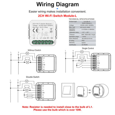 GIRIER Tuya Smart WiFi Smart Light Switch Module No Neutral Wire Required 1 2 3 4 Gang Supports 2 Way Control Alexa Hey Google