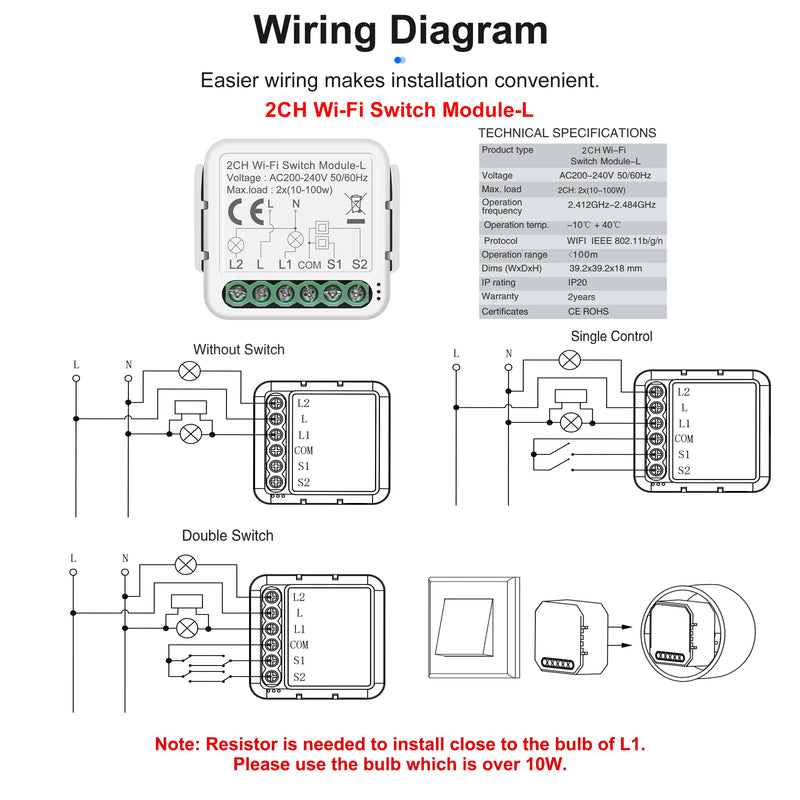 GIRIER Tuya Smart WiFi Smart Light Switch Module No Neutral Wire Required 1 2 3 4 Gang Supports 2 Way Control Alexa Hey Google