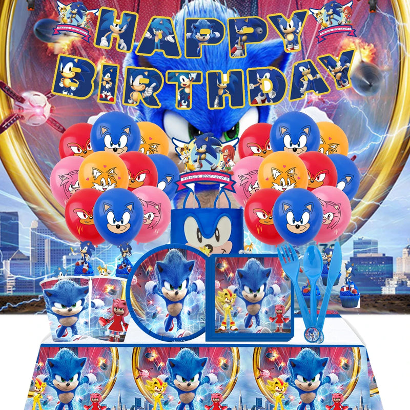 Surprised Game Sonic Kid family Birthday Party Supply Disposable Banner Cake Hanging Flag Balloons Sonic Set Birthday Decoration