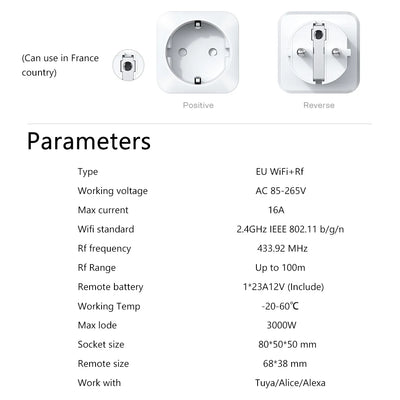 WiFi Rf Smart Plug Socket with Power Monitor,Tuya Wireless Remote Control Switch AC 110V 220V 16A 3000W work with Alexa Google