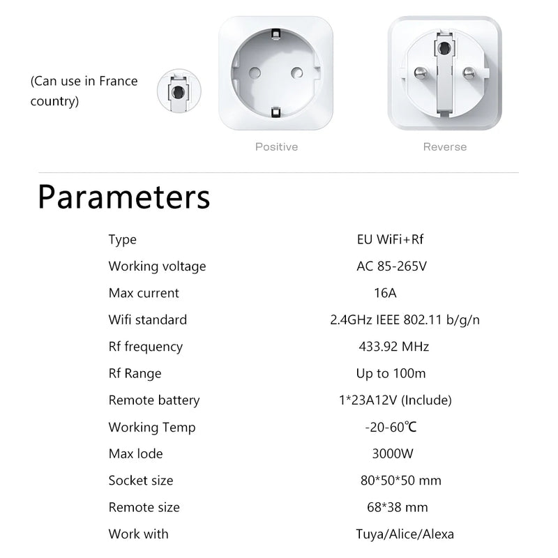 WiFi Rf Smart Plug Socket with Power Monitor,Tuya Wireless Remote Control Switch AC 110V 220V 16A 3000W work with Alexa Google