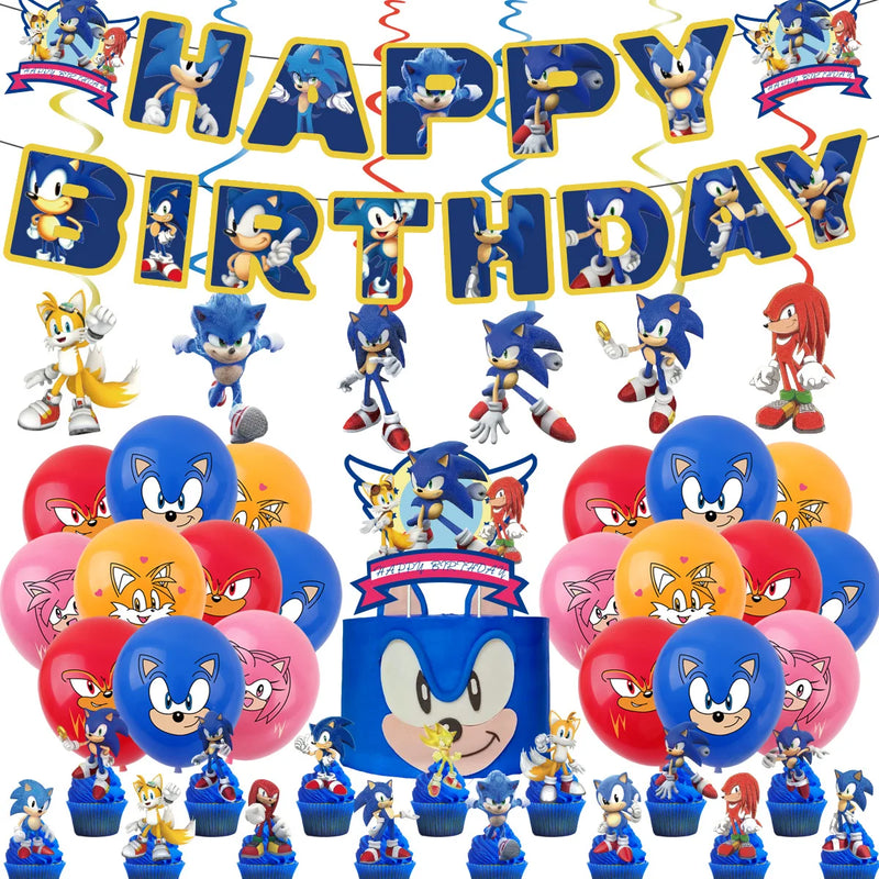 Surprised Game Sonic Kid family Birthday Party Supply Disposable Banner Cake Hanging Flag Balloons Sonic Set Birthday Decoration