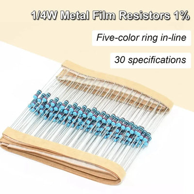 600 Pcs Metal Film Resistor Kit Assorted Kit 30 Values Metal Film Resistor Resistance 1/4W 1ohm-10Mohm 1% Tolerance