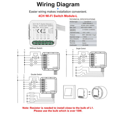 GIRIER Tuya Smart WiFi Smart Light Switch Module No Neutral Wire Required 1 2 3 4 Gang Supports 2 Way Control Alexa Hey Google