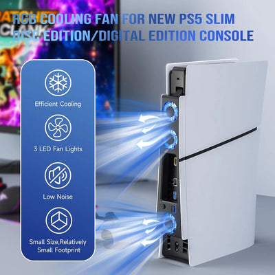 RGB Light Cooling Fan for PS5 Slim Console with 3 Fans USB 3.0 Port Quiet Cooling System for Sony PS5 Slim Gaming Accessories