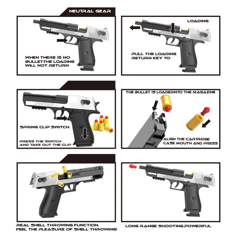 Black Automatic Shell Ejection Desert Eagle Toy Gun, Air Gun, Soft Bullet Continuous Firing Children&