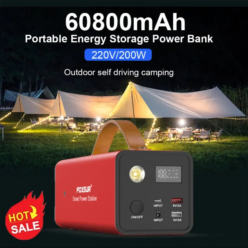 Portable Power Station 220V 60800mah Camping Battery Solar Emergency Generator Power Bank for Self-driving Night Market Stall