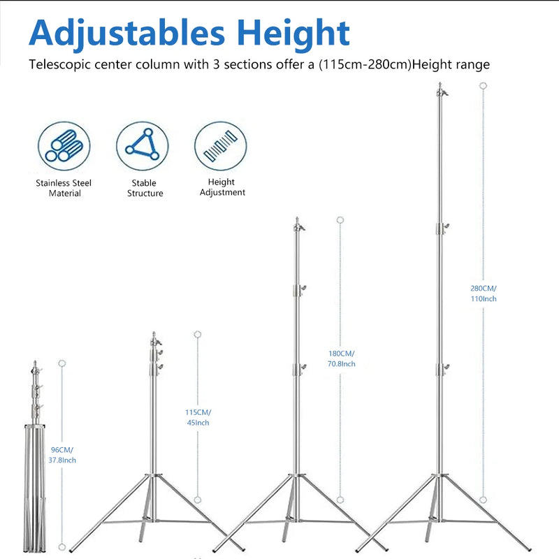 2.9M Tripod Super Stable Big Tripod Foldable Light Stand Lifting Frame Wheels Photography Softbox Photo Studio Stainless Steel