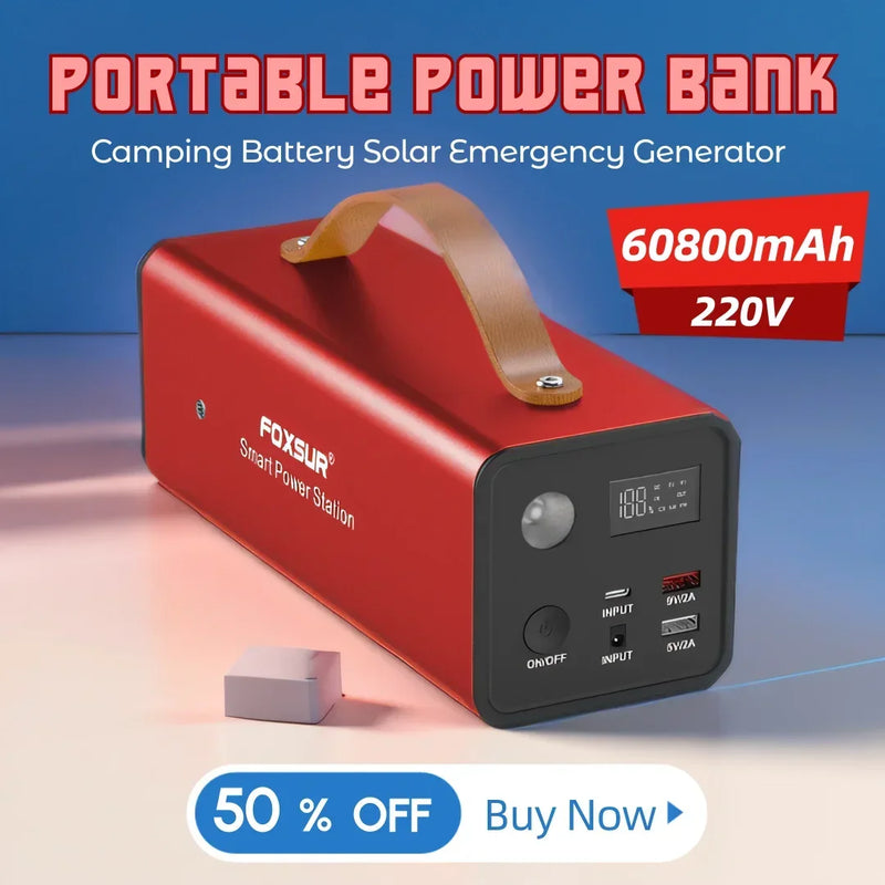 Portable Power Station 220V 60800mah Camping Battery Solar Emergency Generator Power Bank for Self-driving Night Market Stall