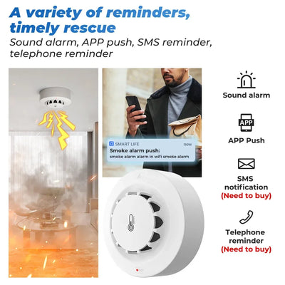 Tuya Wifi BT Two Connection Smoke Detector Temperature Humidity Measurement Device 80dB Sound Alarm Remote Push Alert Function