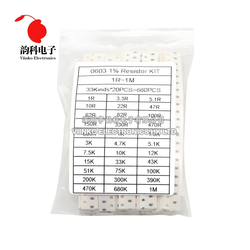 1206 0805 0603 0402 0201 SMD Resistor Sample Assorted Kit 1Ohm-1M ohm 1% 33valuesX 20pcs=660pcs