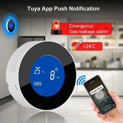 WiFi Tuya App Function Kitchen Natural Gas Leak Alarm Sensor Temperature LCD Digital Display Sound Siren Combustible Detector